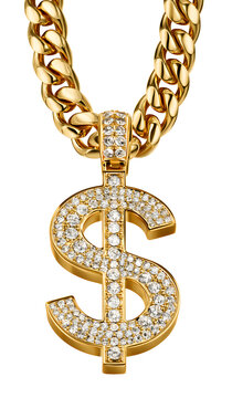 A chunky gold chain necklace featuring a diamond-detailed dollar sign pendant, set against a white background. Ideal for a hip-hop look, this luxury jewelry design includes a clipping path for seamles