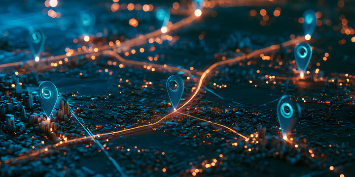 An abstract city map of the night, with a glowing light path and digital location markers showing routes for optimized supply chain and delivery logistics