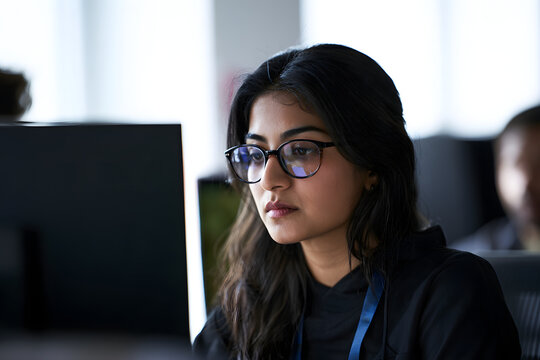 Close-up of an Indian female engineer with glasses and an ID lanyard focused on her work in a bright office. In an unposed working moment, it depicts an inclusive technology workplace scene