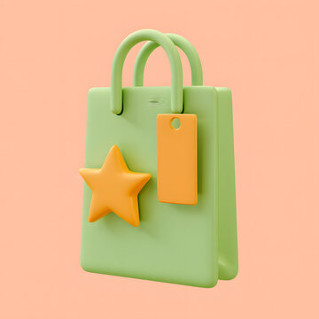 3D illustration of a shopping bag with a star and a price tag for favorite products, e-commerce wishlist, retail marketing, top-rated items, and store promotion.