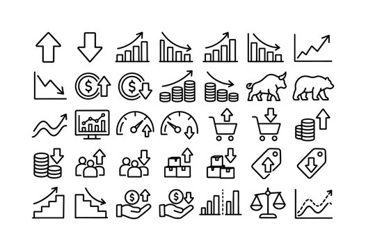Increase Decrease Series. Line icon set of increase decrease market trends profit and loss: upward arrow, downward arrow, rising chart, falling chart, bar chart up, bar chart down, line chart up, line