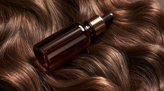 Hair oil dropper bottle resting on silky brown waves in a neutral setting Generative AI