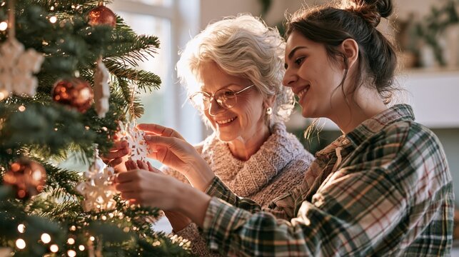 Family decorates Christmas tree with handmade ornaments in modern home Generative AI