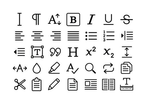 Text Tools Collection. Line icon set of text editing typography and document formatting: text cursor, paragraph symbol, font size arrows, bold style block, italic slant symbol, underline line,