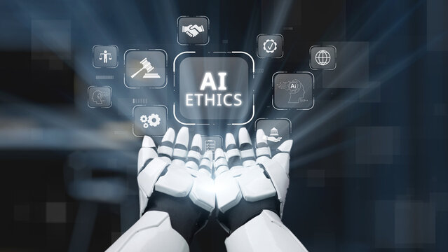 A humanoid robot hands hold various icons emphasizing the significance of ethics in artificial intelligence, showcasing the intersection of technology and moral responsibility. Salient