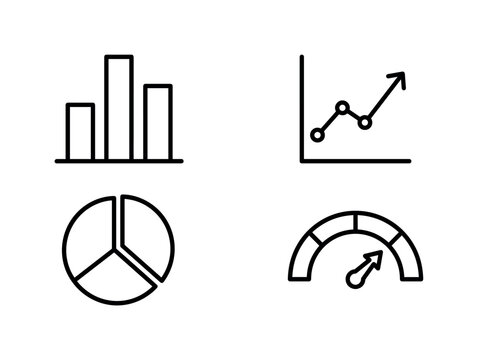 Business Analytics Charts, line icon set featuring bar chart, pie chart, line graph, dashboard tile, KPI gauge, data table, funnel chart, growth arrow, report document and calculator, covering
