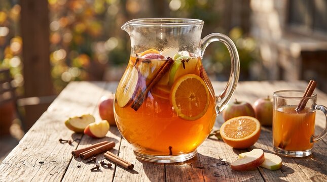 Fresh apple cider pitcher with fruit and spices on a wooden table  
