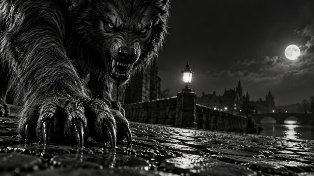 A werewolf lurking on a cobblestone street under a full moon. A terrifying creature in a gloomy medieval village. Halloween and supernatural folklore. Gothic fantasy. Black-and-white shot.