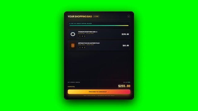 Modern glassmorphic shopping cart drawer animation featuring live quantity steppers free shipping progress bar and dynamic subtotal recalculation. Ideal for retail commercials.
