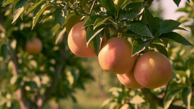 Cluster of pink grapefruits ripening among green leaves in a sunlit citrus grove with soft bokeh, a warm scene of fresh fruit and citrus aroma