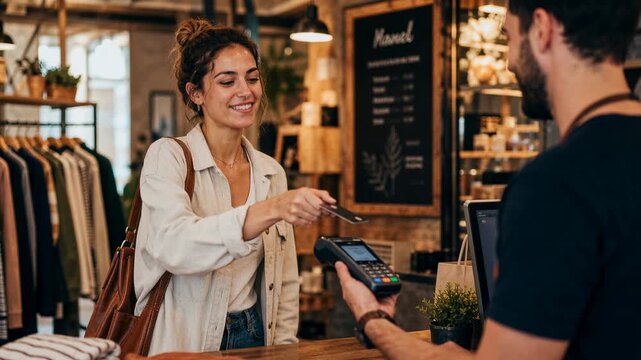 Smiling young woman using a credit card for contactless payment at a boutique checkout. Female customer completing a purchase from a male cashier with a pos terminal