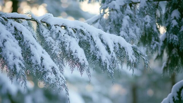 Snow-covered cedar branches in a quiet winter forest with soft cold light, evoking tranquility, crisp freshness and the woody essence of cedarwood