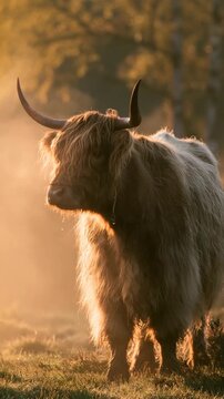 Shaggy highland cattle with curved horns glowing in golden morning mist on a grassy pasture