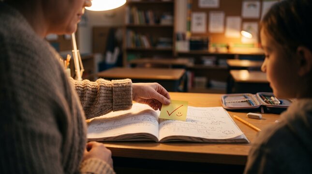 Teacher praises student for good work with a smiley face sticker on homework in a classroom setting