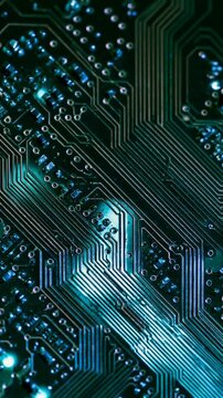 Close-up of a dark circuit board with glowing teal traces and solder points, evoking data flow, computing power and digital technology