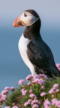 Atlantic puffin with a colorful orange beak standing on a grassy cliff among pink sea thrift flowers against a soft blue sea, charming seabird portrait