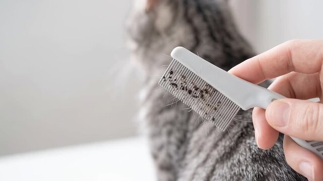 Caregiver examines debris collected on a flea comb