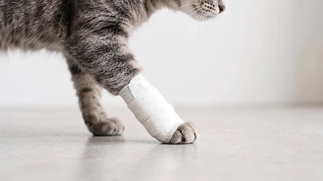 Grey tabby cat approaches a low resting area with a bandaged paw