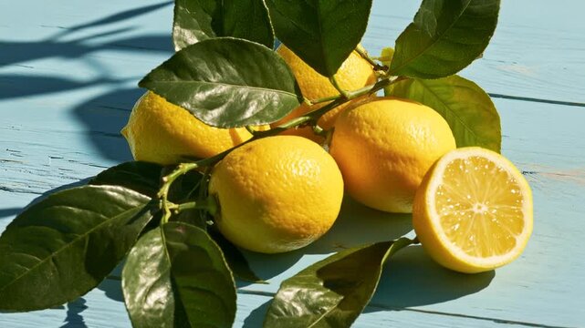 Ripe yellow lemons on a leafy branch with a cut half on a pale blue painted wooden table, hard sunlight and leaf shadows evoking Italian coastal summer
