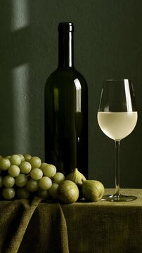 White wine bottle, glass and green grapes on olive green drapery, vertical tonal green editorial still life with soft sunlight