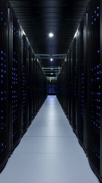 Long narrow corridor between dark server racks with glowing blue indicators and a polished white floor, vertical view of a modern data center interior