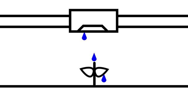 Animated smart drip irrigation system feeding a growing plant sprout with water droplets on a white background, representing smart farming.