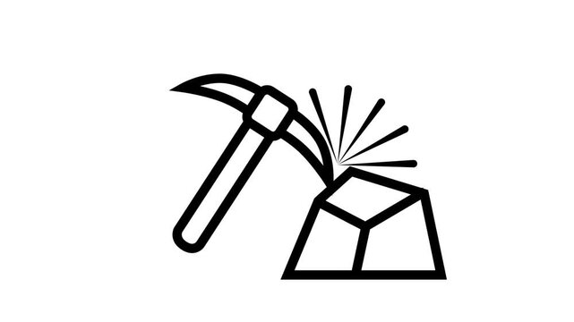 Minimalist pickaxe hitting a rock animation on a white background, ideal for cryptocurrency mining, geology, and excavation concepts.