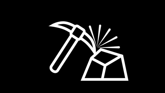 Animated pickaxe mining a rock and ore on a dark background, representing crypto mining, resource extraction, construction, and hard work.