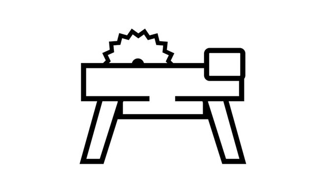 Minimalist electric table saw bench animation on a white background, representing woodwork, carpentry tools, manufacturing, and crafting.