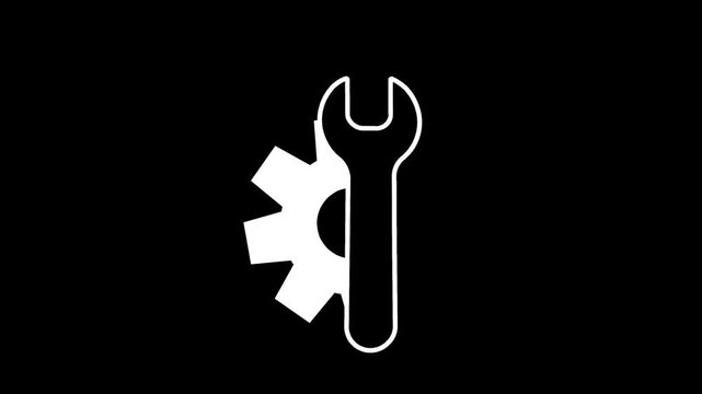 Animated wrench and gear icon representing settings, maintenance, service, repair, and technical support on a black background.