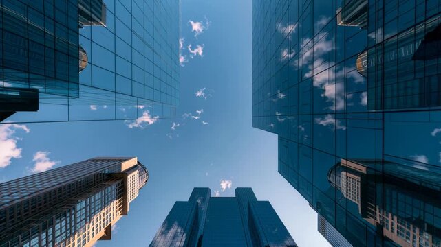 Low angle view of glass skyscrapers rising into a blue sky with white clouds reflected on facades, modern city symbol of business and finance