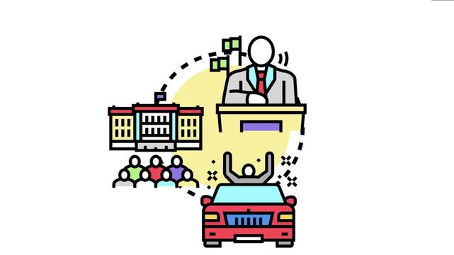 Presidential government system for republics encompassing a leader at a podium. The executive building. Citizens. And a candidate campaigning