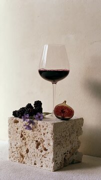 Red wine glass above blackberries, violet blossoms and a halved fig on travertine, vertical minimal wine tasting notes scene