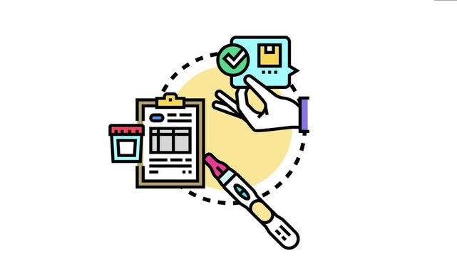 Pretest study confirmation process showing a hand holding a confirmed message bubble, a clipboard with results, a sample container, and a medical test stick for analysis