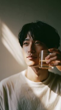 Young asian man in white t-shirt sipping a glass of amber drink by the window in soft sunlight and smiling, vertical calm portrait