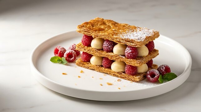A delectable mille-feuille pastry adorned with fresh raspberries and mint leaves, presented elegantly on a white plate, ready to be savored.