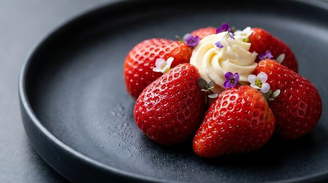 A delectable arrangement of fresh strawberries crowned with a swirl of creamy frosting and delicate edible flowers, presented on a sophisticated black plate, inviting a sweet indulgence.
