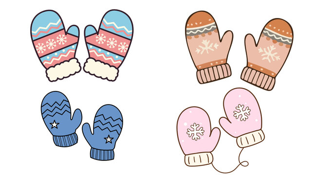 Winter mittens set featuring cozy hand knit apparel with snowflake patterns for seasonal holiday greeting cards and festive digital