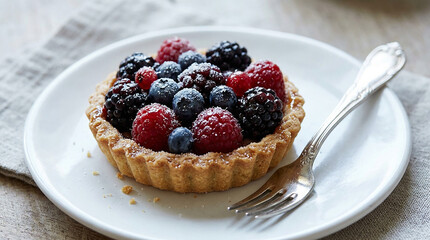 A delicious berry tart on a white plate with a fork © STOKIEST 