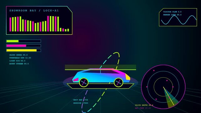 A digital virtual showroom displays a sleek wireframe vehicle model with shifting graphical data metrics and neon glowing lines floating against a deep dark purple background