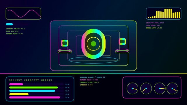 A digital virtual showroom interface displays colorful data visualizations and neon graphical elements within a synchronized triple panel layout featuring shifting metrics and oscillating wave forms