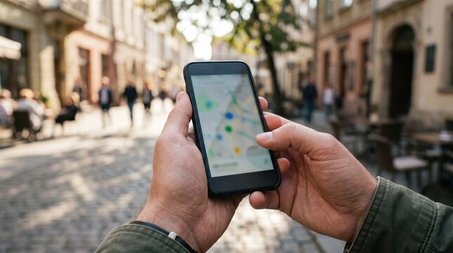 Hands holding smartphone while walking using map navigation app on sunny urban cobblestone city street during travel