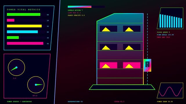 A digital virtual showroom displays automated architectural system data with colorful geometric tower schematics and glowing analytical graphs visualized on a dark sleek user interface