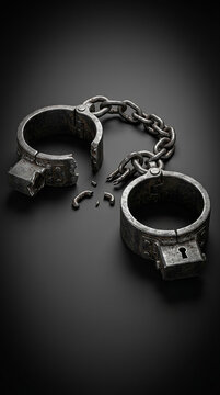 Old heavy iron shackles broken apart representing freedom on dark background