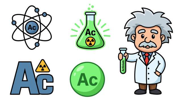 Cartoon scientist holding test tube with actinium element symbols and atom model for science education