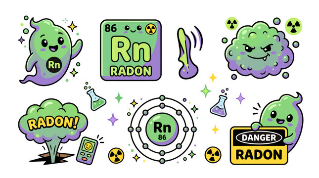 Cute cartoon radon gas science icons set with atom, periodic table, danger sign and ghost characters