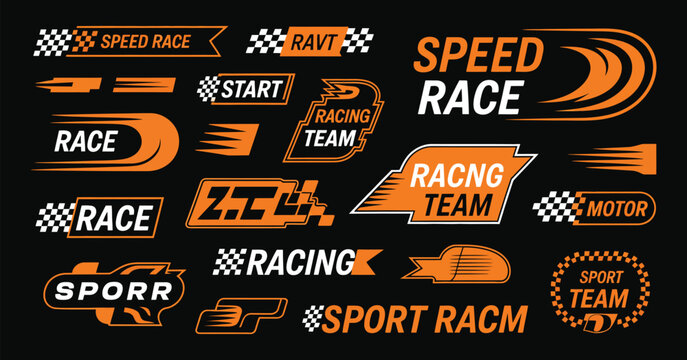 Race sport car stripe stickers and checker decals vector illustration with motocross competition retro patterns and motorsport championship elements