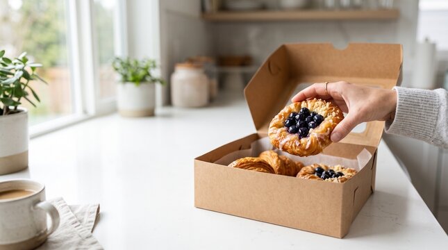 Hand holding a delicious blueberry pastry from a box of baked goods on a kitchen counter, celebrating National Pastry Day