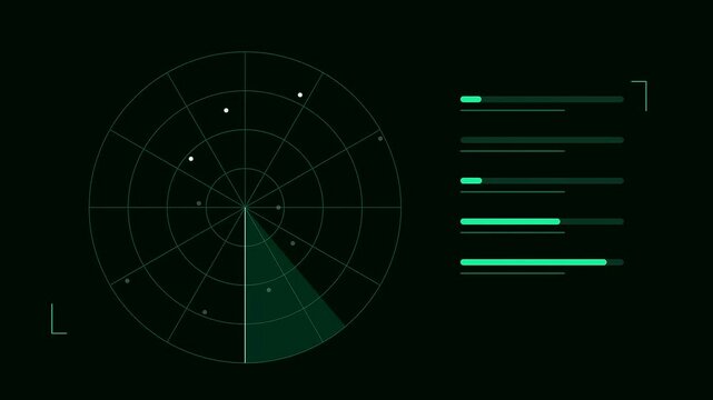 Three screens displaying servers telemetry in a digital interface with rotating radar sweep patterns and scrolling data visualization bars rendered in dark green monochromatic tones