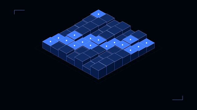 Digital servers telemetry visualization displayed as isometric glowing blue cube blocks rising in a structured grid pattern sequence for monitoring network data flow movement operations
